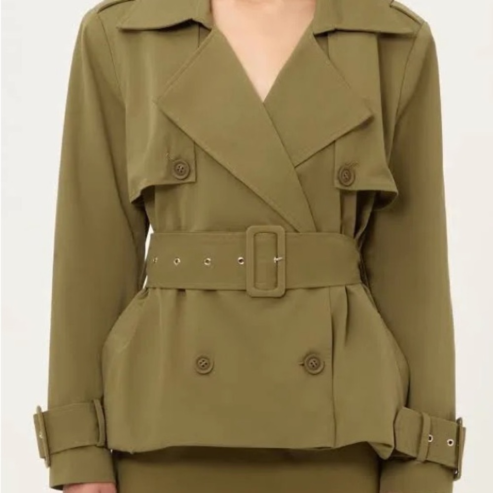 AEXAE Army Green Cargo Cropped Trench Coat with Belted Waist - New with Tag